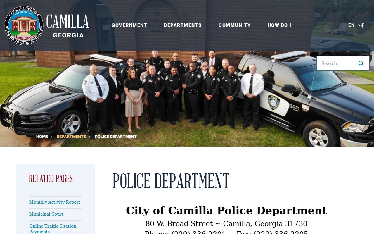 Camilla Police Department contact page for city warrant routing