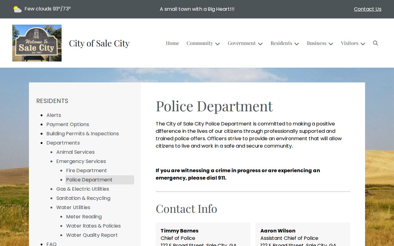 Sale City Police Department page for city warrant routing