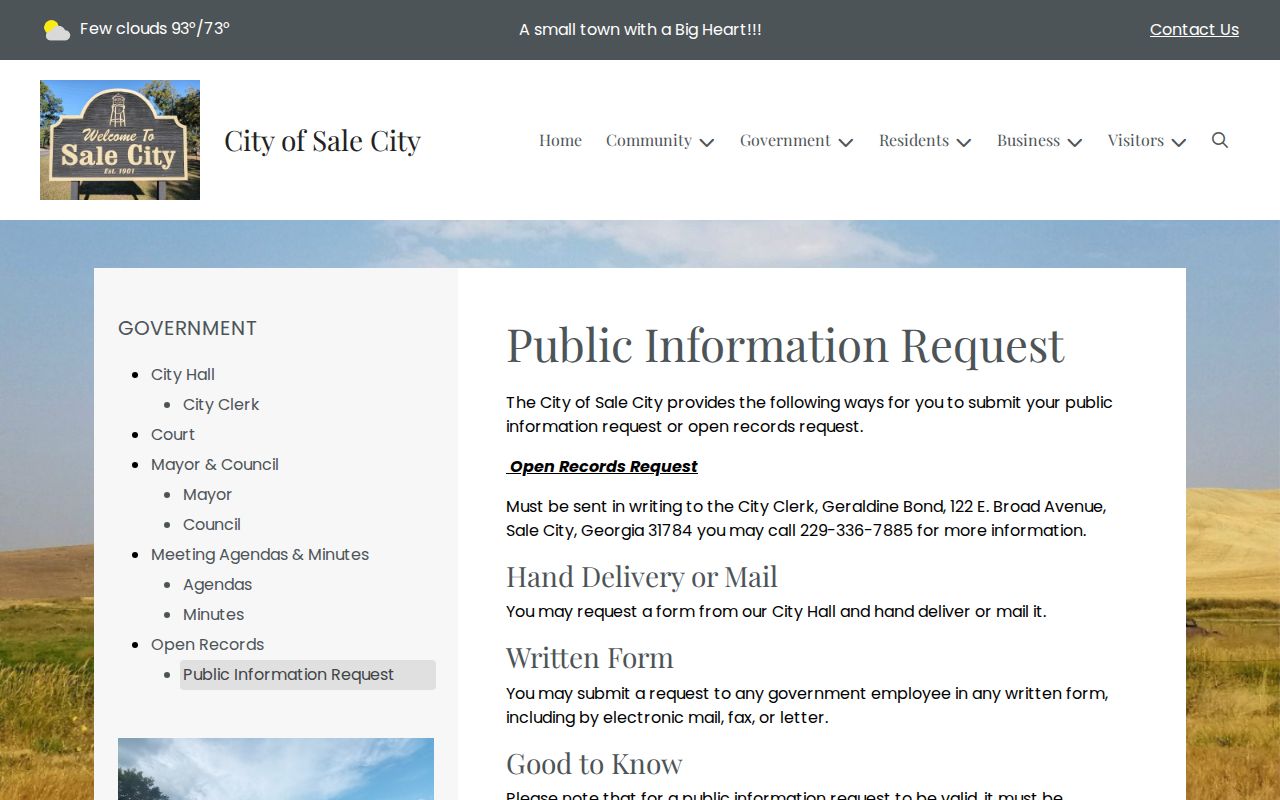 Sale City written public-information request instructions